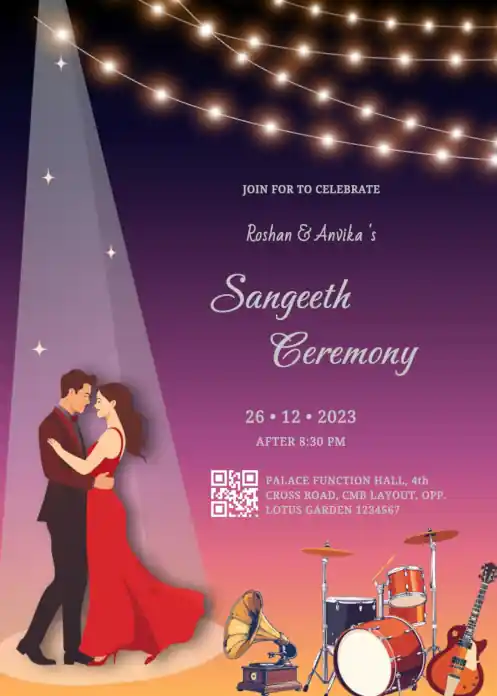 Sangeet ceremony invitation with a dancing couple, spotlight effect, musical instruments and glowing fairy lights