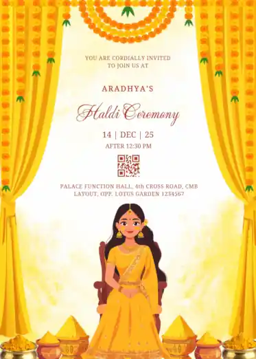 Traditional Haldi ceremony invitation with bride in yellow attire and festive yellow decor background