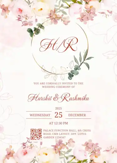 Watercolor wedding invitation card with a center golden ring and floral decor on top and bottom