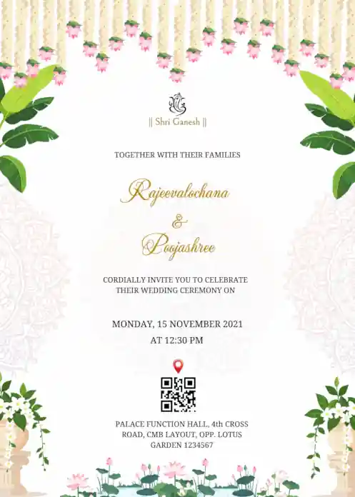 Wedding invitation featuring a central mandala design, floral accents and Lord Ganesha at the top