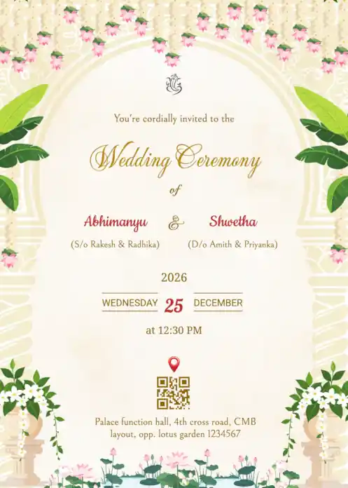 Temple arch style wedding invitation featuring small lord ganesha icon and hangling lotus
