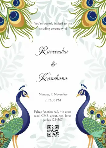 Peacock themed wedding invitation featuring two peacocks and peacock feather border at the top