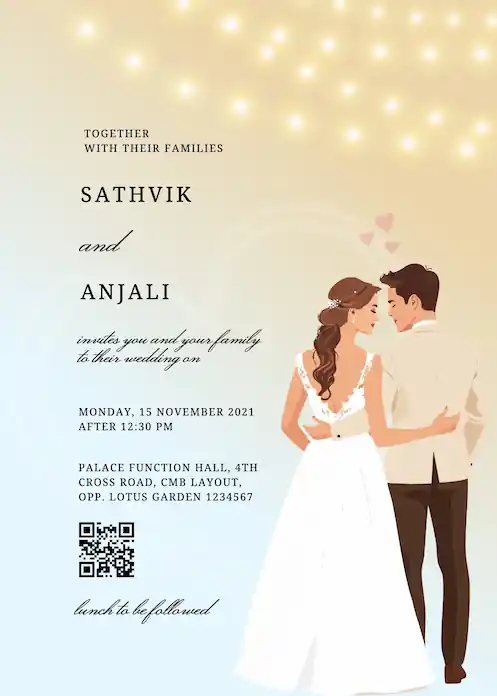 Blue cream gradient wedding invitation card featuring romantic couple with hands on hips and yellow decorative lights