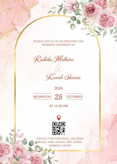 Golden arch wedding invitation with pink rose blossoms and a gold sparkle background