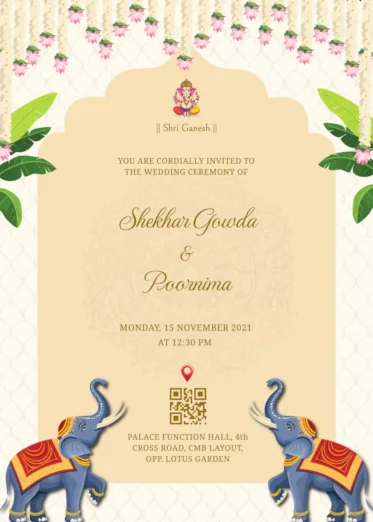 Temple theme wedding invitation with traditional elephant motifs and lotus floral decor on top