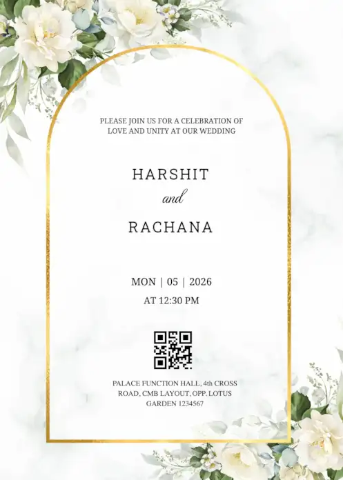 Green white floral wedding invitation featuring diagonal floral arrangements and central arch design
