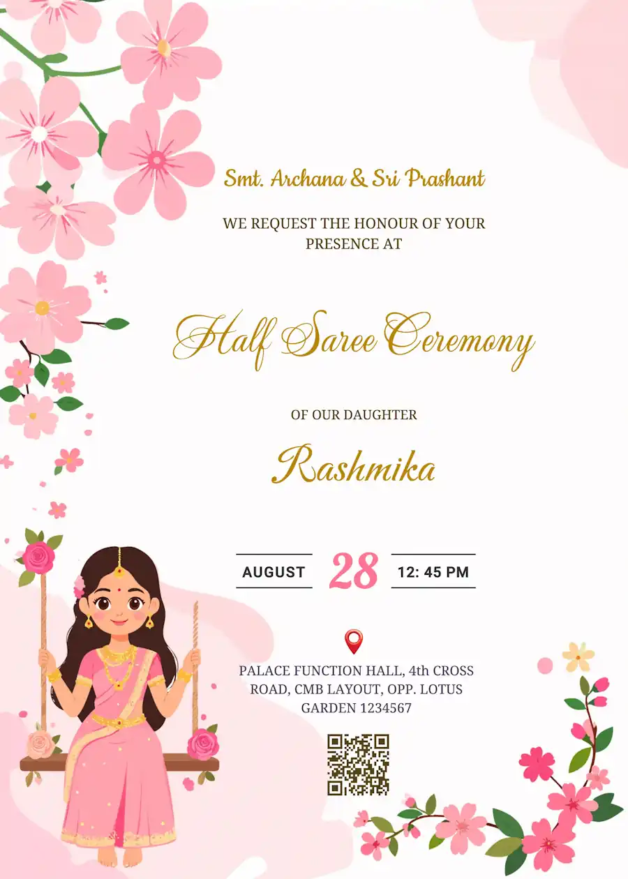 Pink floral girl on swing - Half saree invitation