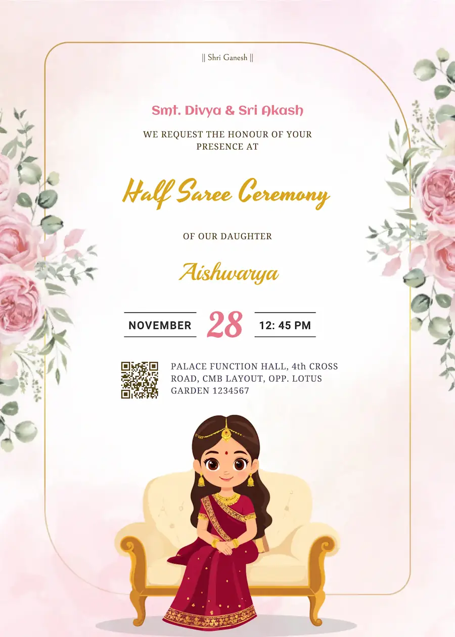 Pink floral teen girl illustration - Half saree invitation