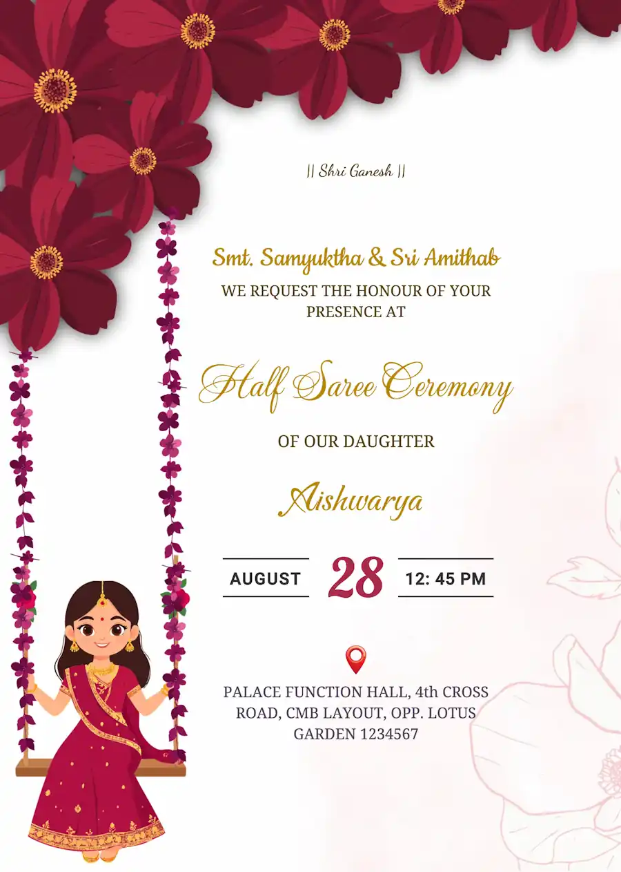 Red saree and swing - Half saree invitation