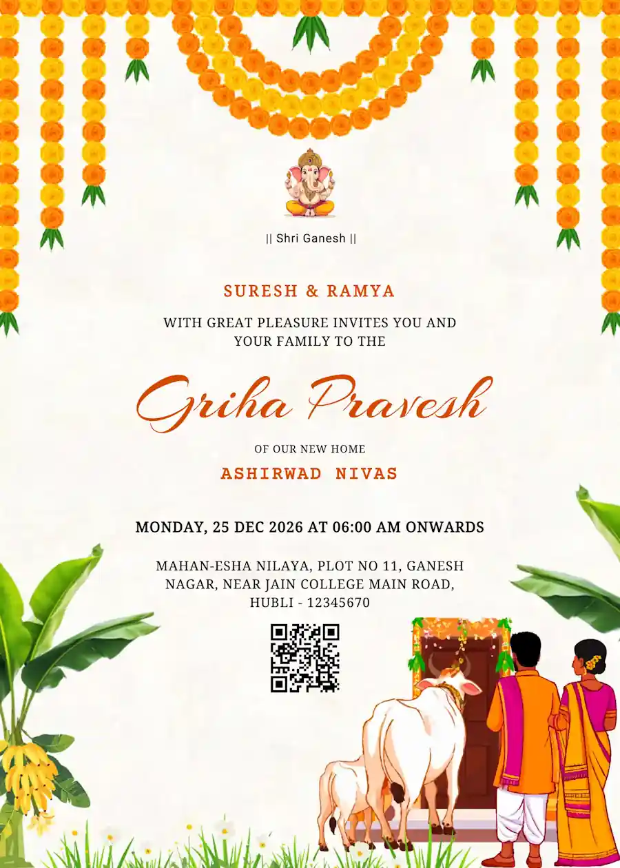 Griha pravesh with family and divine cow - Housewarming invitation