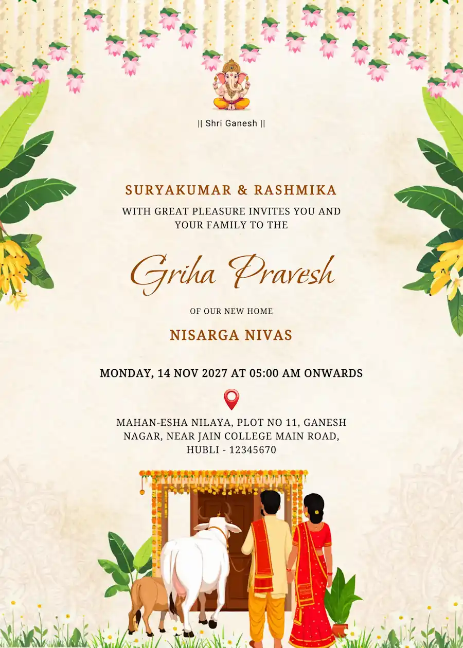 Indian griha pravesh with divine cow - Housewarming invitation