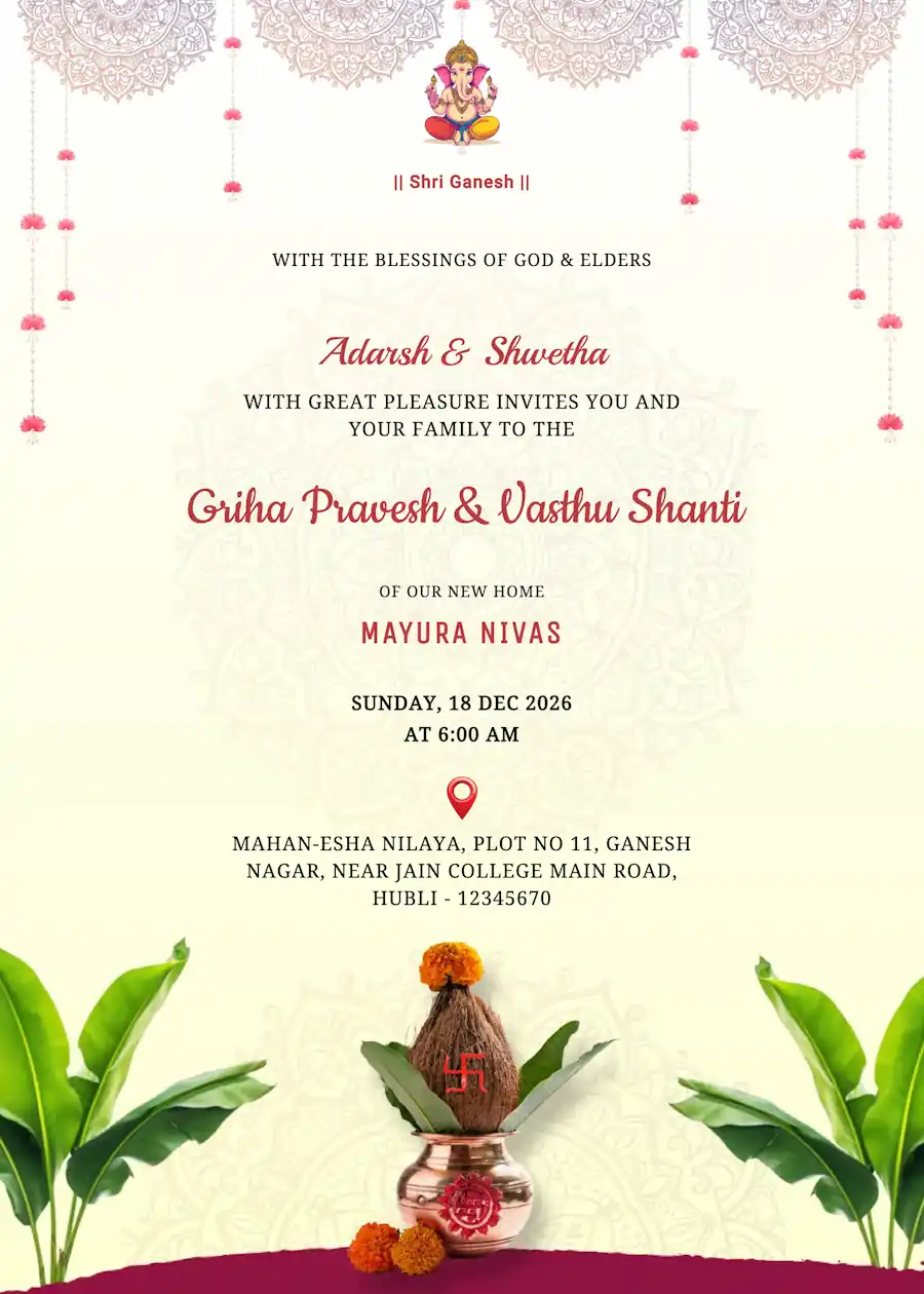 Red and yellow divine kalsha - Housewarming invitation template