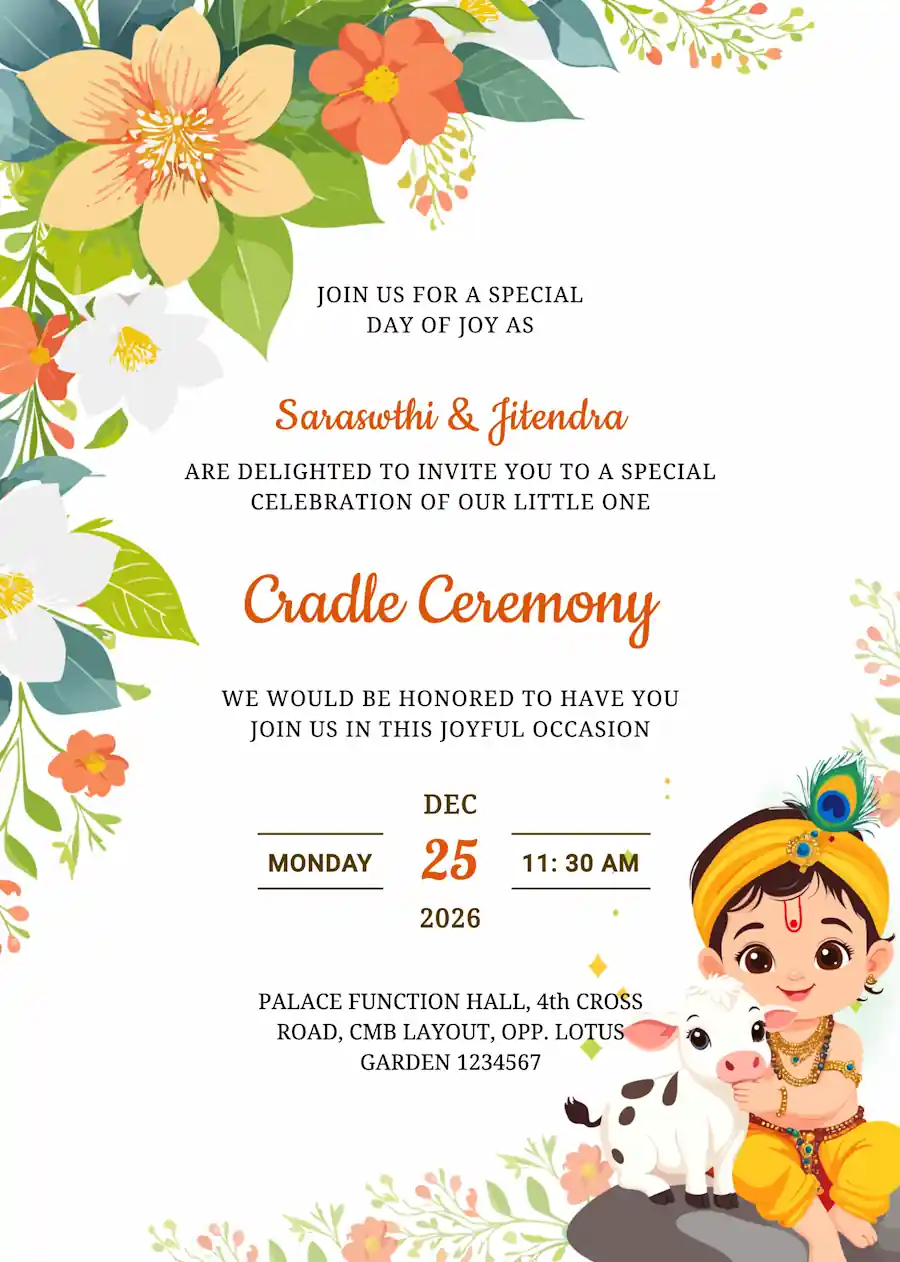 Baby krishna floral - Naming and cradle ceremony invitation