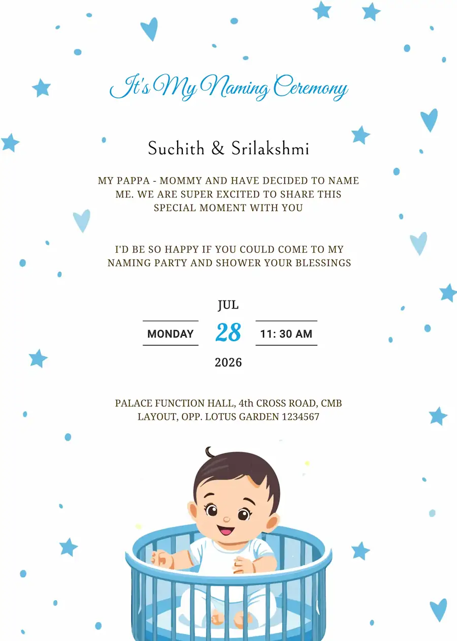 Blue baby boy in cradle - Naming and cradle ceremony invitation