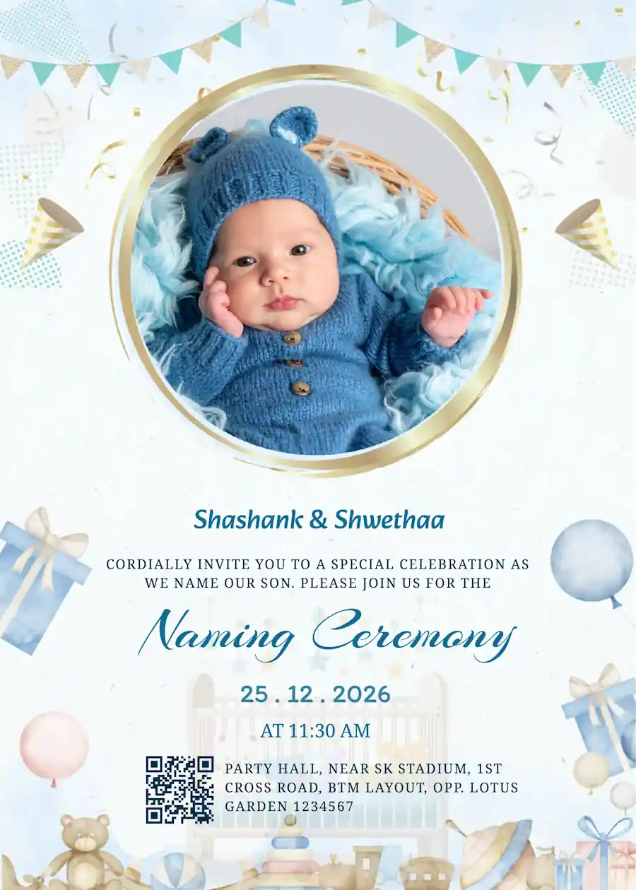 Blue cradle with baby photo - Naming and cradle ceremony invitation
