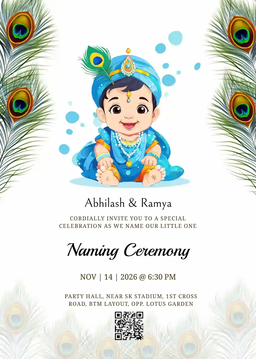 Blue green cute krishna - Naming and cradle ceremony invitation