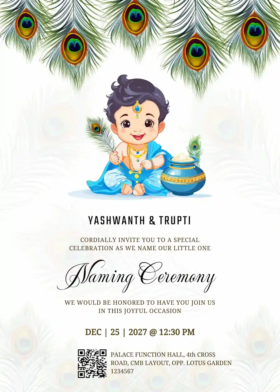 Blue green peacock krishna - Naming and cradle ceremony invitation