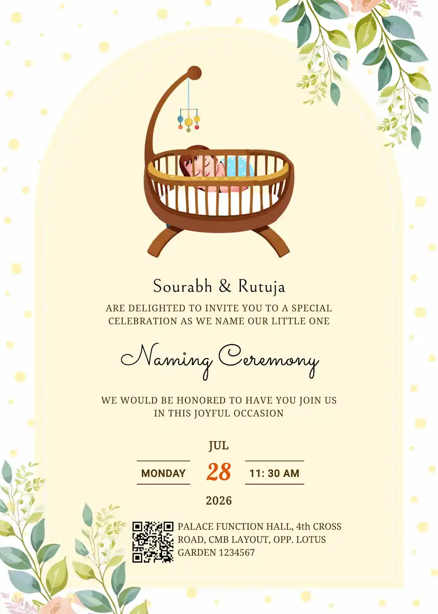 Cream and green baby in cradle - Naming and cradle ceremony invitation