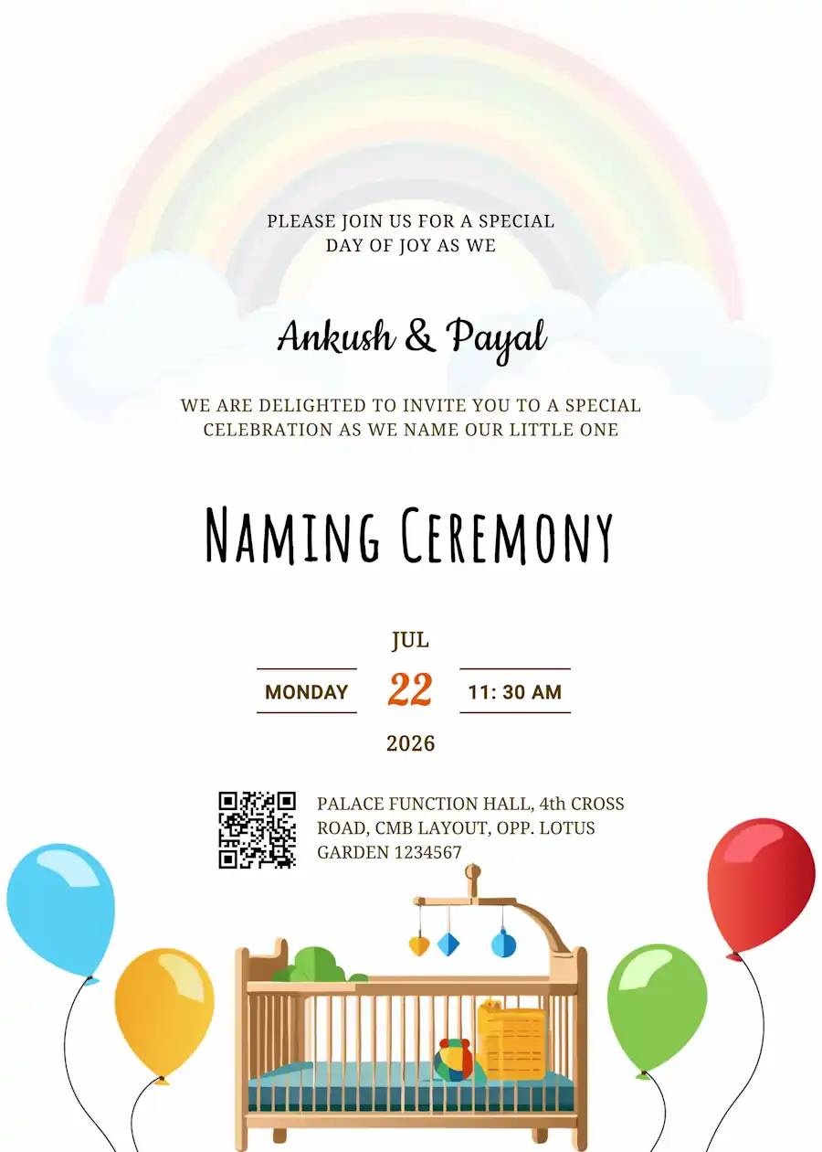 Cute rainbow balloon cradle - Naming and cradle ceremony invitation