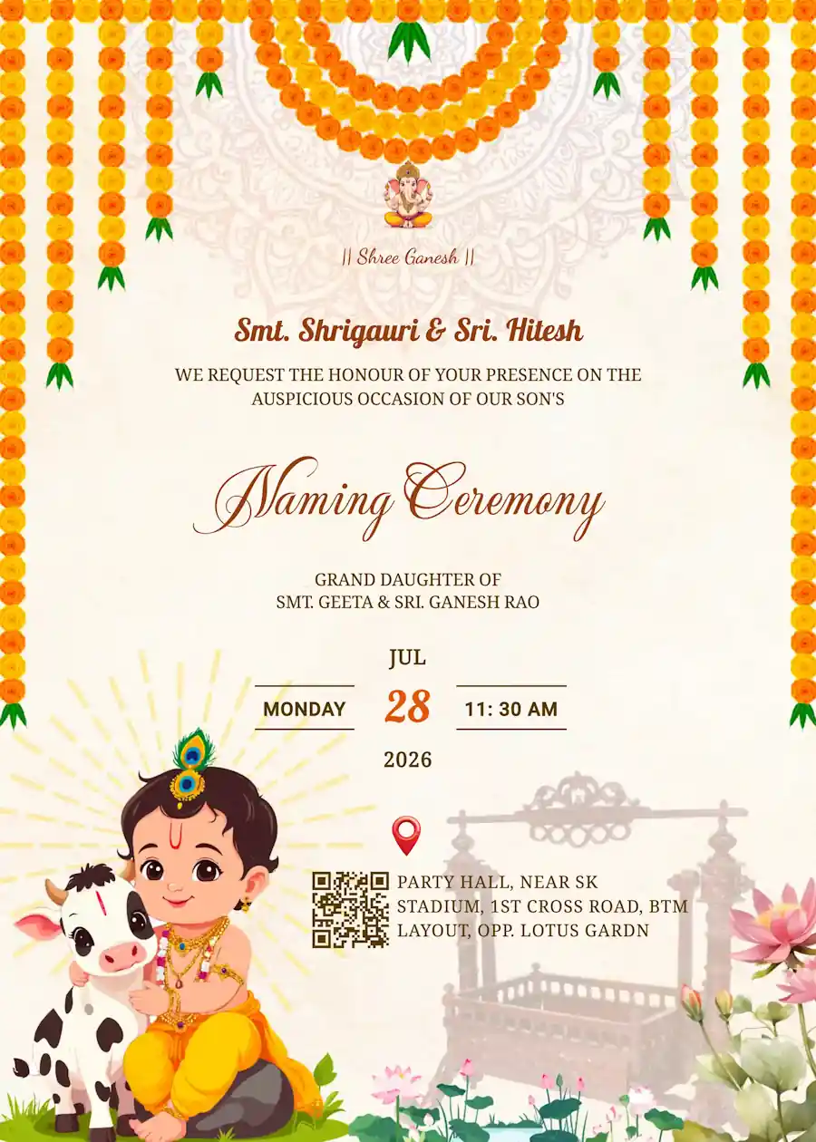 Orange marigold krishna traditional - Naming and cradle ceremony invitation