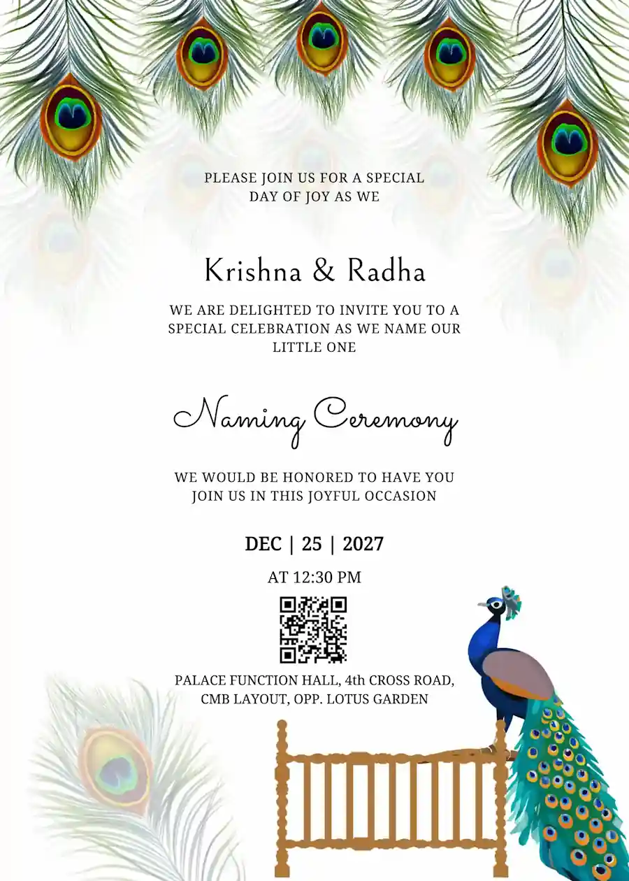 Peacock on cradle - Naming and cradle ceremony invitation