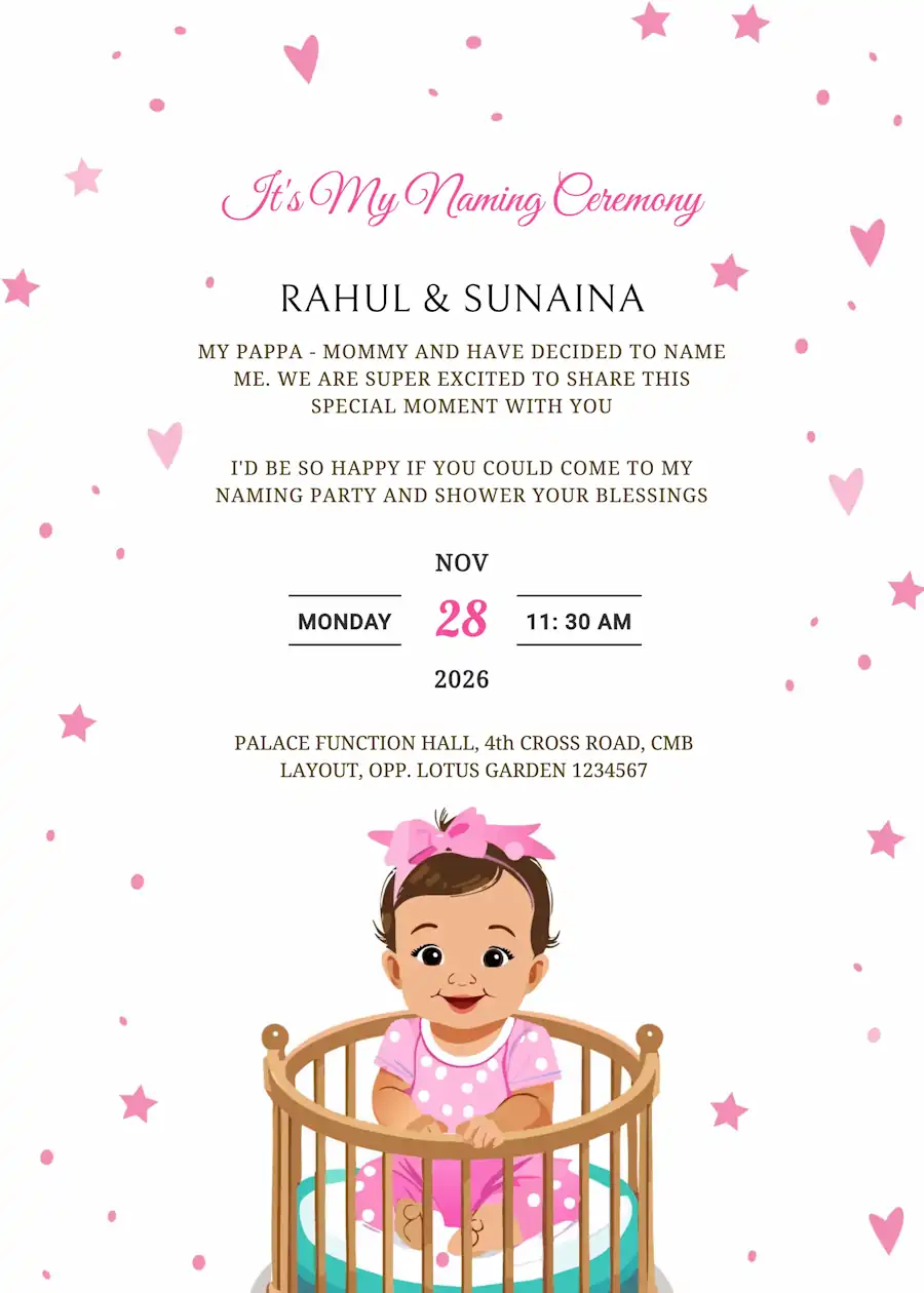 Pink baby girl in cradle - Naming and cradle ceremony invitation