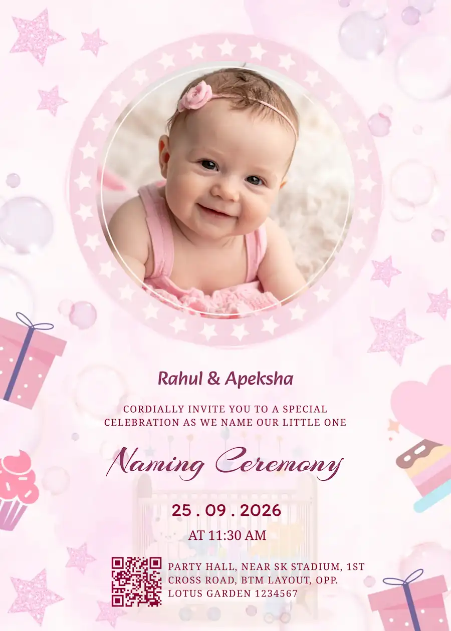 Pink cradle with baby photo - Naming and cradle ceremony invitation