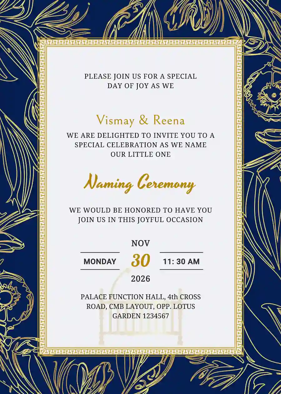 Royal blue and gold - Naming and cradle ceremony invitation