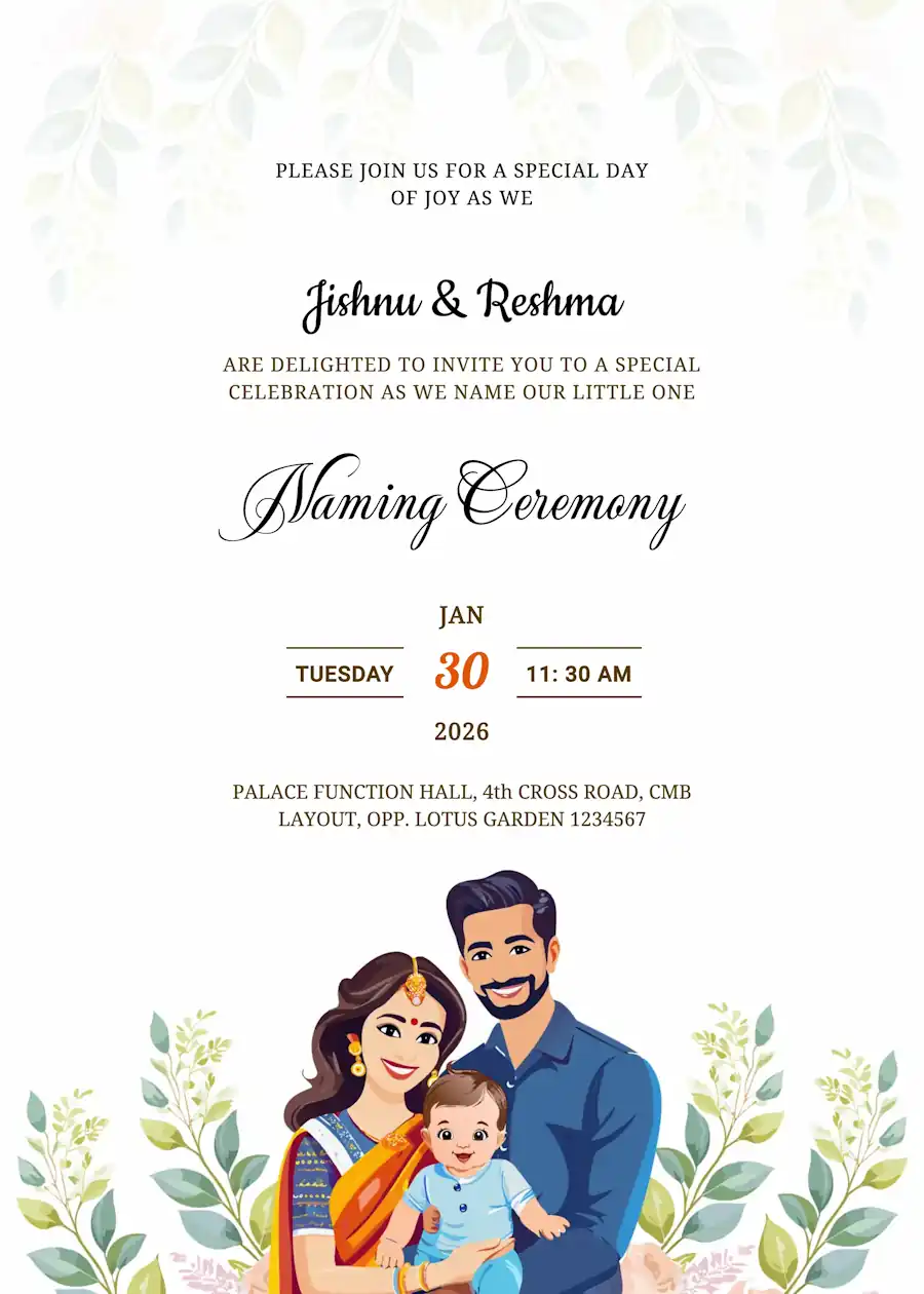 White green baby with parents - Naming and cradle ceremony invitation