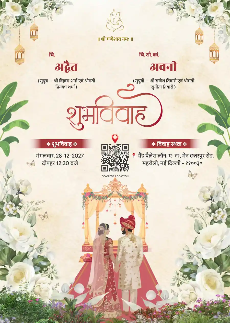 Indian heritage green and cream white - Hindi shadi card