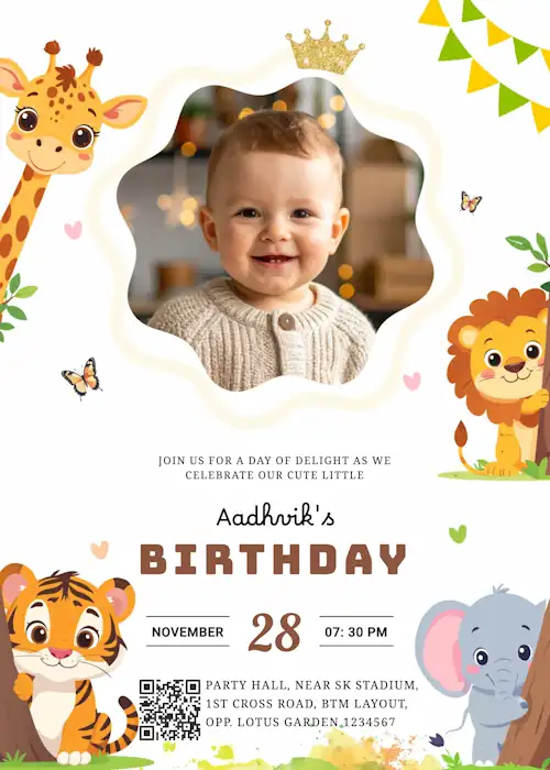 sample jungle theme birthday invitation card with baby at center