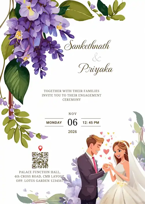 sample engagement invitation featuring couple exchanging ring