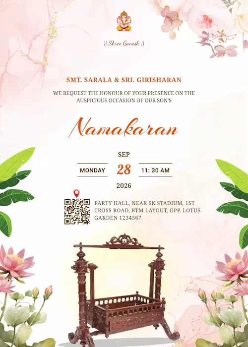 sample pink traditional naming ceremony invitation card with cradle
