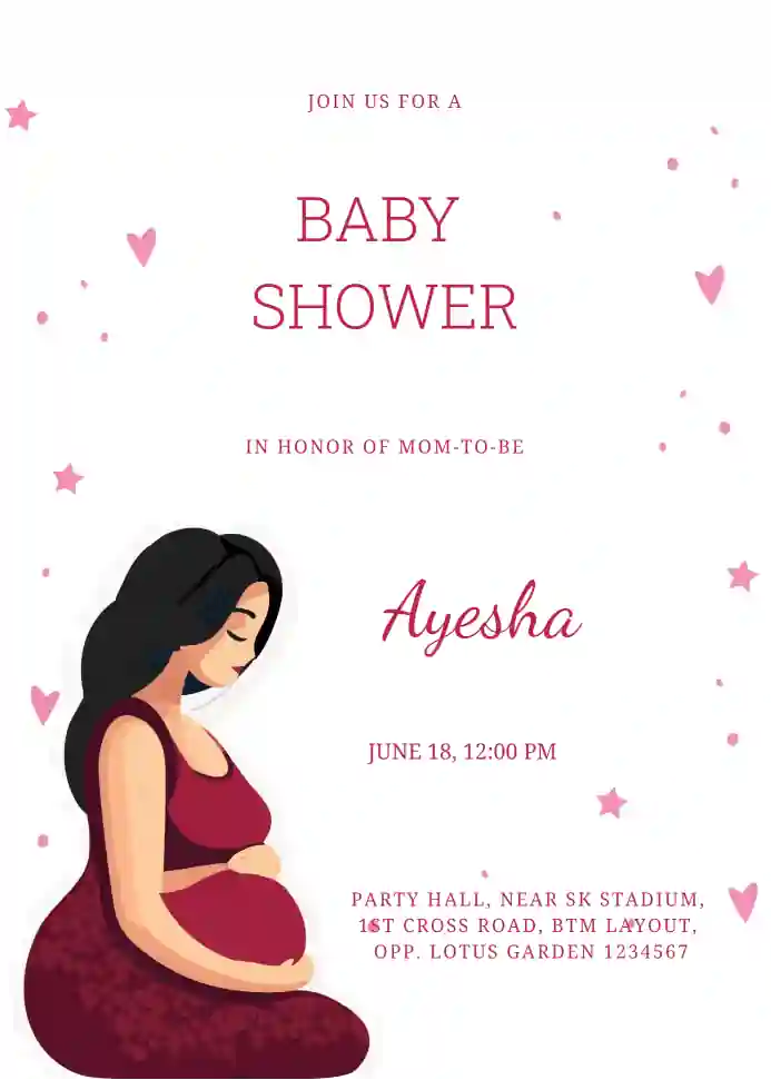 Pregnant woman in a red dress with decorative elements at a baby shower celebration