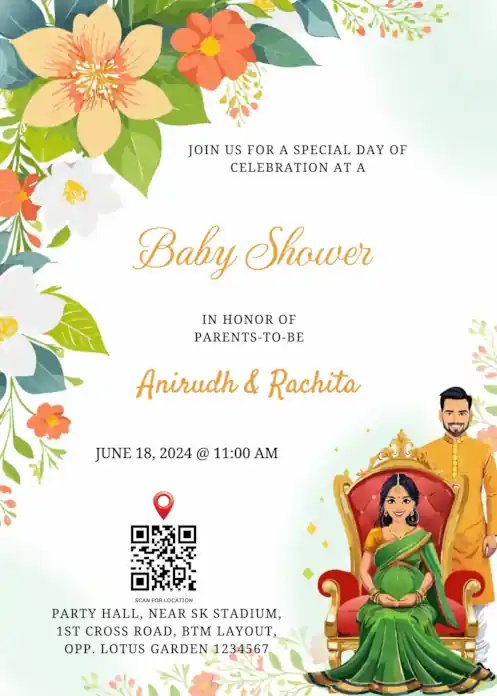 Green & white Indian baby shower invitation featuring couple in traditional attire